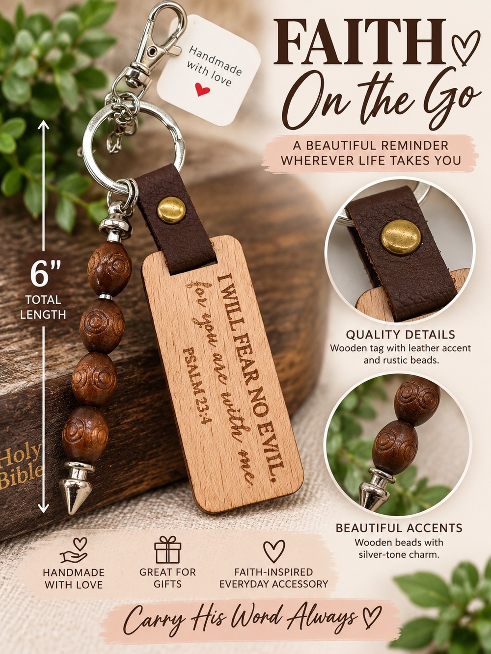 A86. I Will Fear No Evil Wooden Faith Keychain NWT